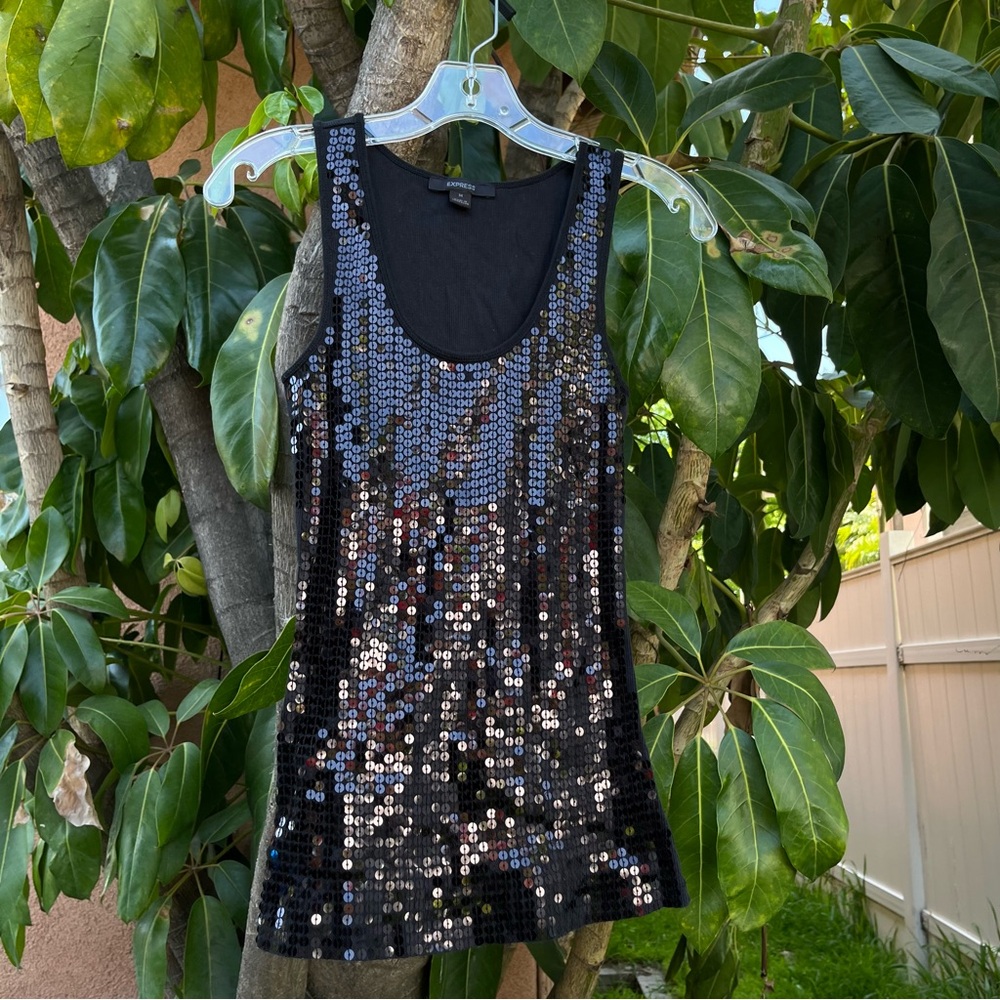 Vintage Y2K Express Sequins Tank Top in Black.